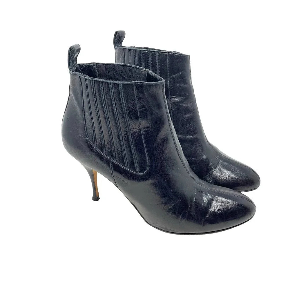 Brian Atwood Vernice Vogue Heeled Booties in Black Leather Size 38.5
